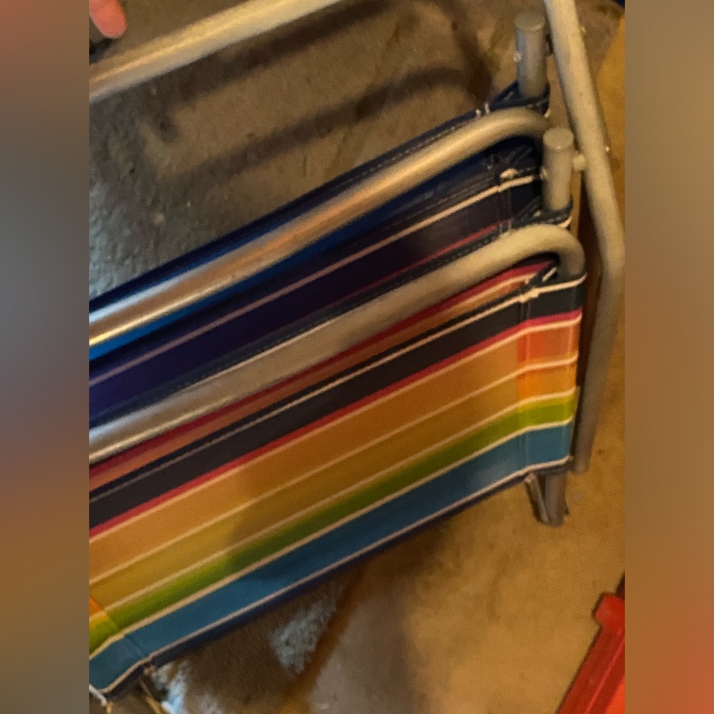 Vintage Beach Low Lawn  Aluminum Chairs Striped Blue Pink Yellow Green set of/2 - Picture 5 of 5